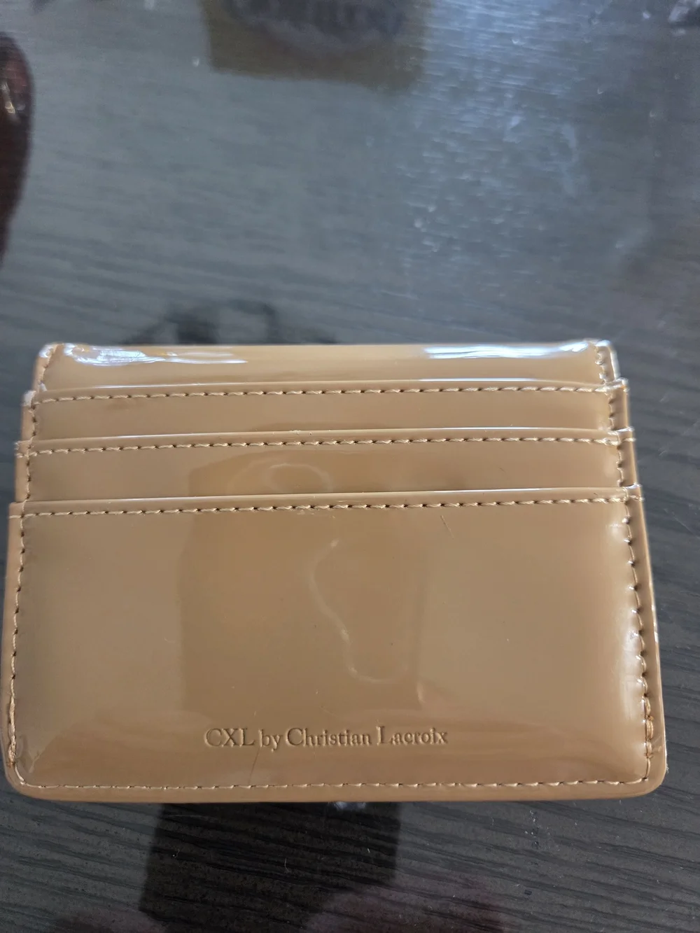 Christian Lacroix Beige Patent Mini Wallet with Gold Logo Accent